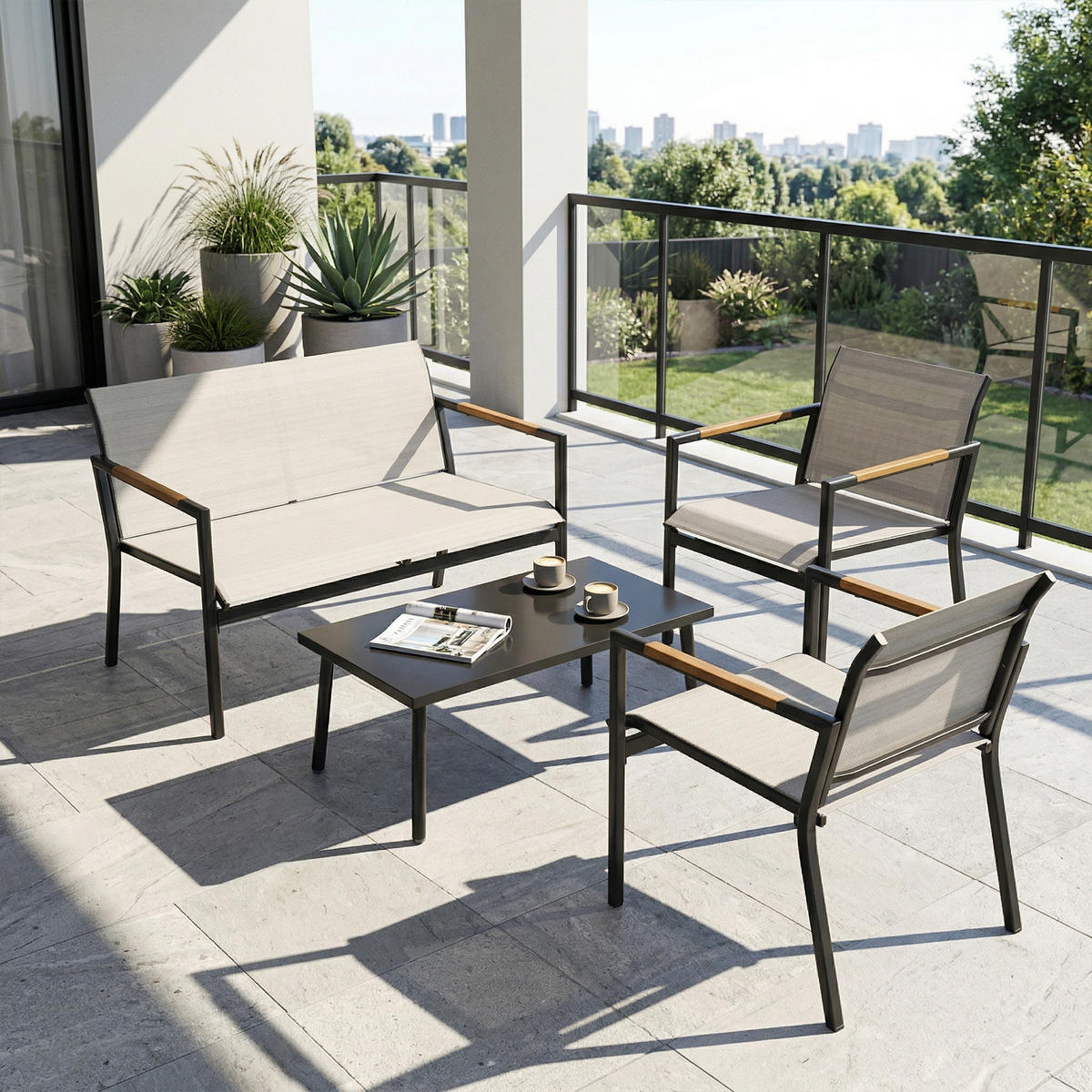 GARTENMÖBEL SET DE-06607, mit 2er Sofa, 2 Sessel, Metall-Tisch, Fußpads - Creme, Textil/Metall - ComfortXL
