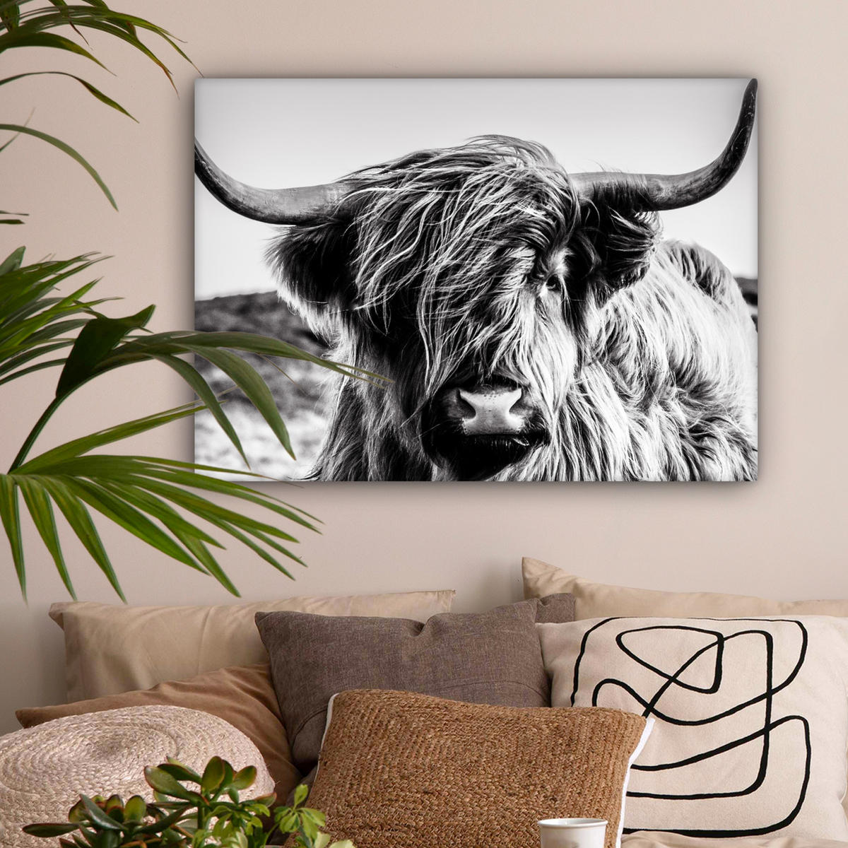 LEINWANDBILD Kuh - Schottischer Hochländer - Schwarz - Weiß - Tier - Natur - Wildtiere Wandbilder 80x60 cm - Schwarz, Textil (80/60cm) - MuchoWow