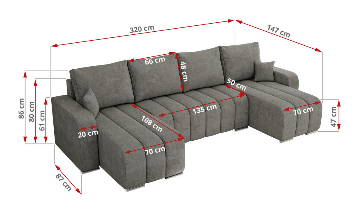 WOHNLANDSCHAFT KIRASSO U Grau Struktur - Grau, Textil/Metall (320/86/147cm) - MKS