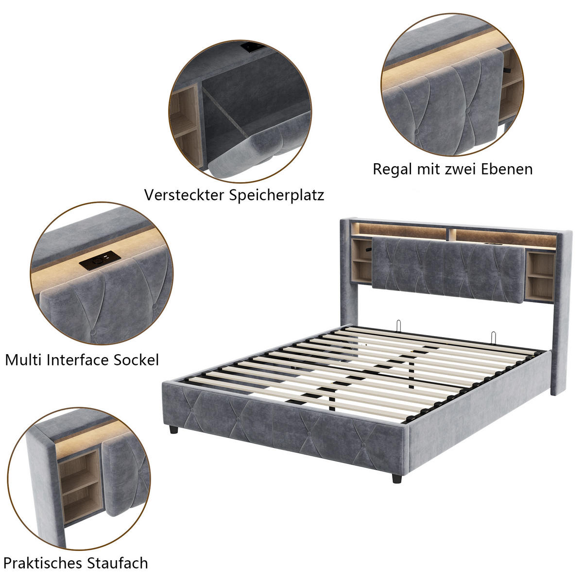 POLSTERBETT 140/200 cm mit Stauraum‑Kopfteil, LED‑Beleuchtung & USB‑Anschluss, Samtbett mit integrierter Ablage - Grau, Holz/Metall (140/200cm) - Joyfair