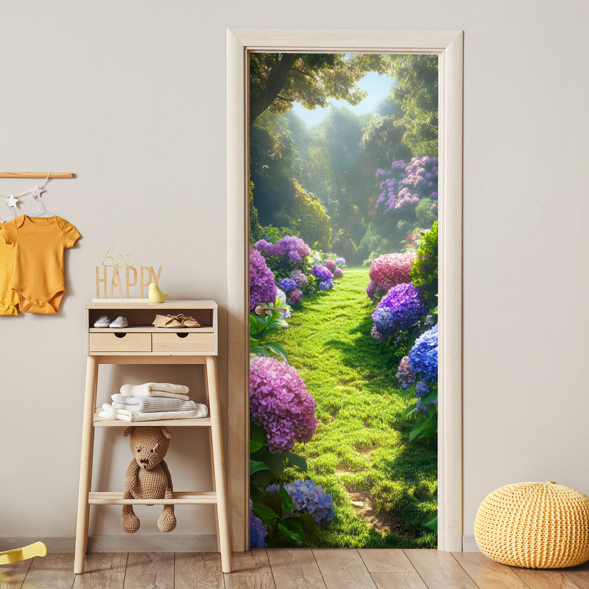 TÜRAUFKLEBER Selbstklebend - Natur - Hortensie - Blumen - Grün 95x235 cm - Türtapete - Hellgrün, Kunststoff (95/0.1cm) - MuchoWow