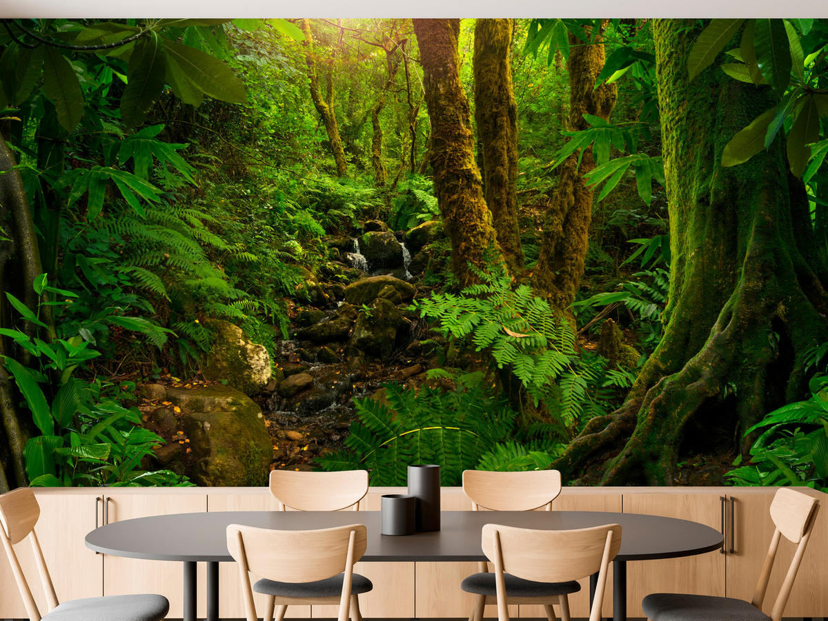 FOTOTAPETE für Wohnzimmer Wilder Dschungel Exotische Bäume Blätter 450x315 - Gelb/Braun, Papier (450/315cm) - Muralo