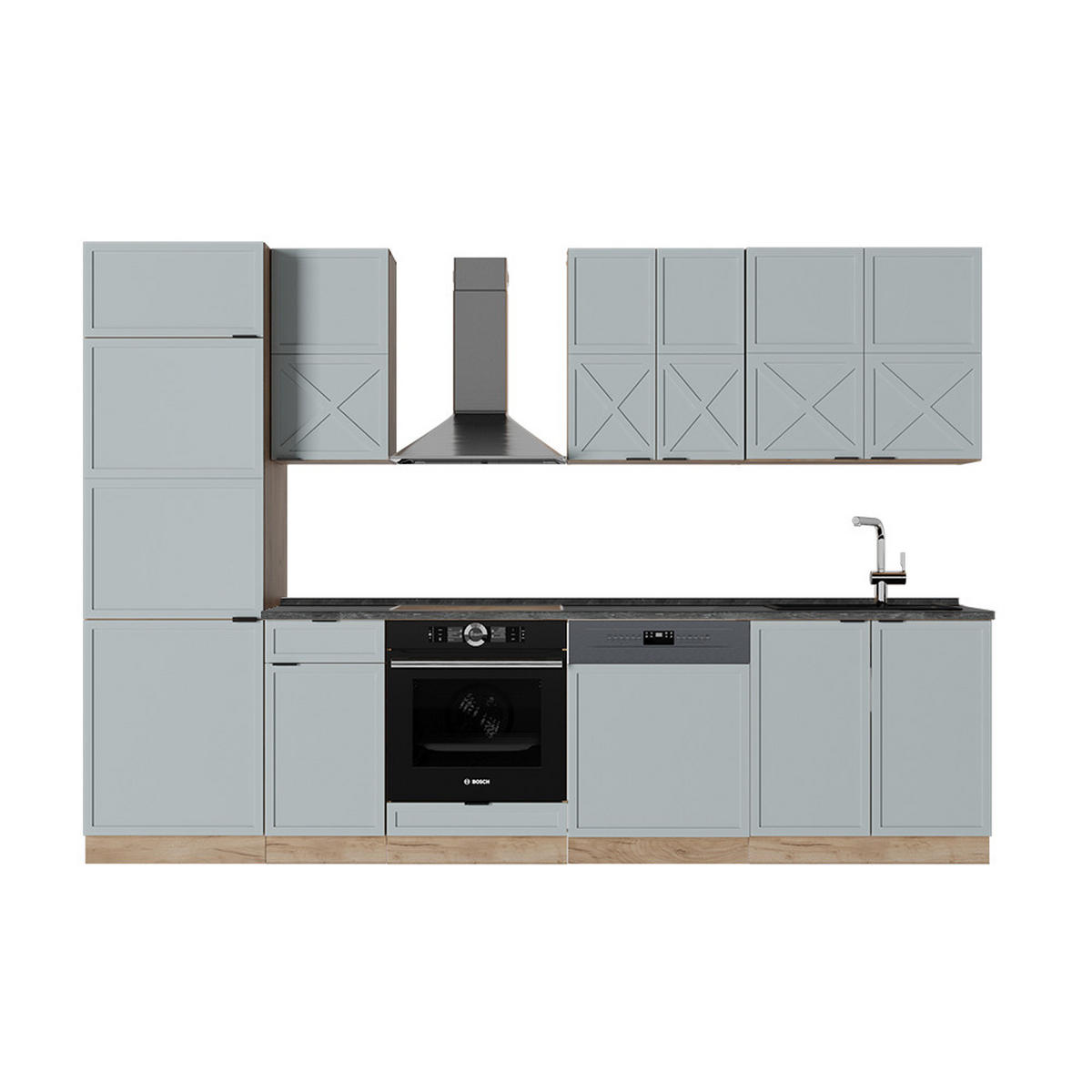 KÜCHENZEILE Fame-Line Hellblau-grau/Goldkraft Eiche 300 cm AP Anthrazit - Honigeiche/Hellblau, Holzwerkstoff (300/81.6/60cm) - Vicco