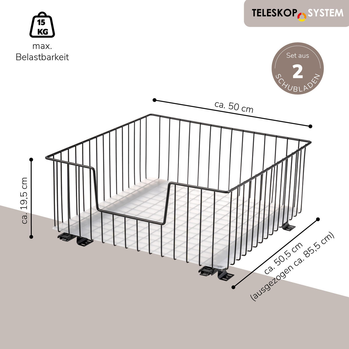 SCHRANK-KORBAUSZUG 50 cm, schwarz, Metall - Schwarz, Metall (50/23/50.5cm) - bremermann