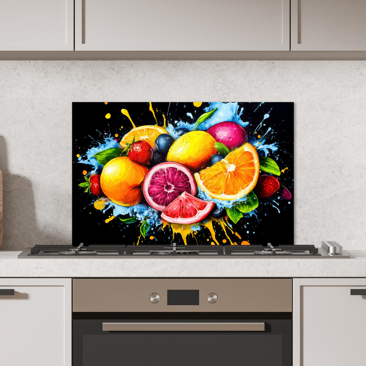 SPRITZSCHUTZ KÜCHE Obst - Graffiti - Bunt - Orange - Erdbeere - Abstrakt 70x50 cm - Orange, Metall (70/0.3/50cm) - MuchoWow