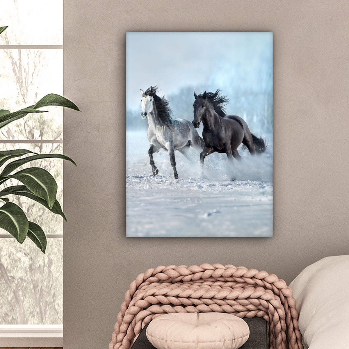 LEINWANDBILD Pferde - Winter - Tiere - Natur - Schnee 60x80 cm - Anthrazit, Textil (60/80cm) - MuchoWow