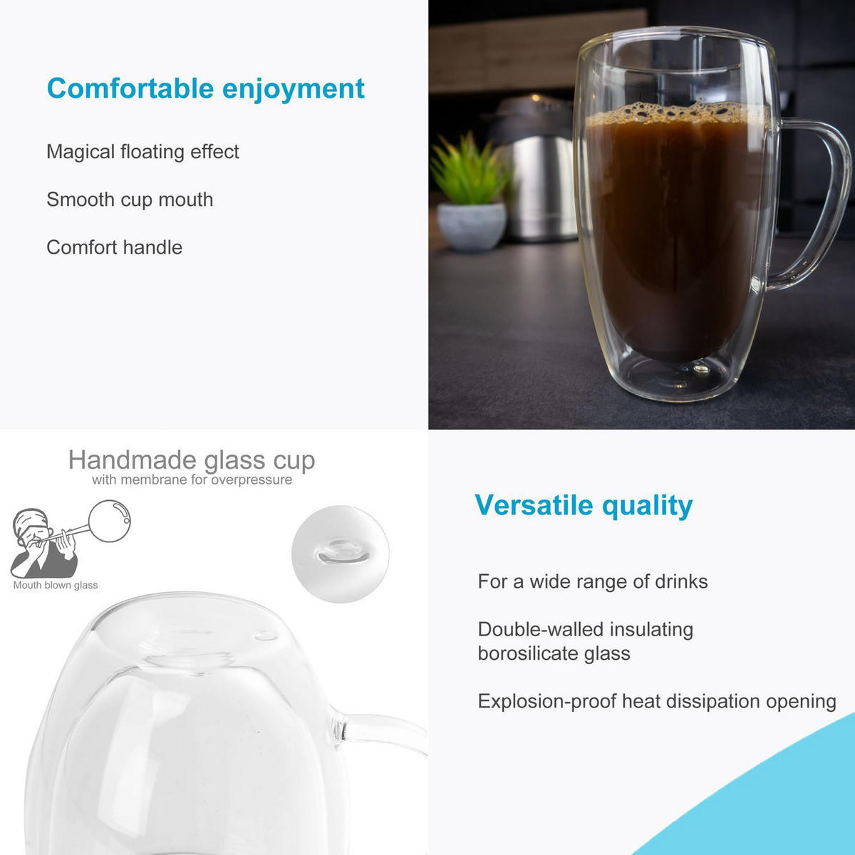 KAFFEEGLAS 400 ml (2er-Set) - Transparent, Glas - Intirilife