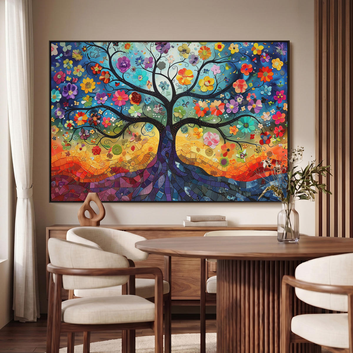 LEINWAND Bilder mit Rahmen - Kunst - Baum des Lebens - Blumen - Hippie - 120x80 - Dunkelblau, Textil (120/80cm) - MuchoWow
