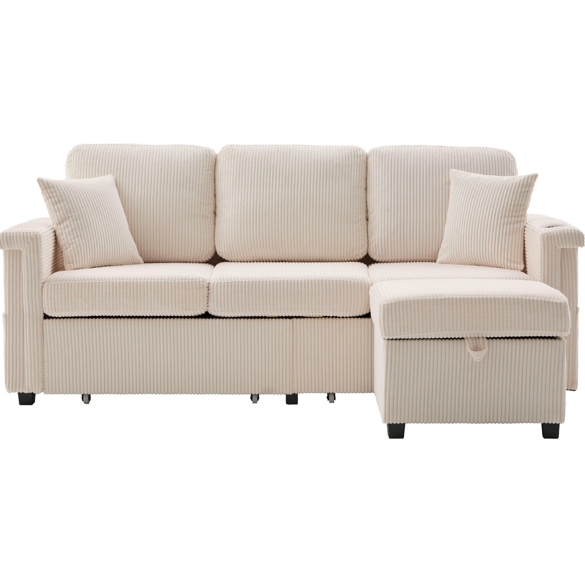 ECKSOFA aus Cord 194x73x81 cm Beige mit LED-Beleuchtung, USB-C-Anschluss, Seitentaschen und 2 Schubladen - Beige, Textil (194/73cm) - Modfu
