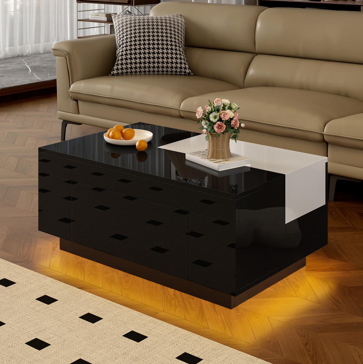COUCHTISCH 80/50/35.5 cm schwarz-weiß aus MDF mit LED-Beleuchtung und Stauraum - Schwarz, Holzwerkstoff (80/50/35.5cm) - OKMYHOME