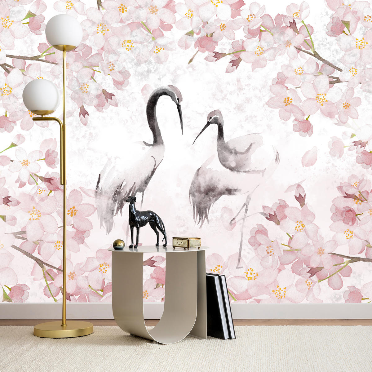 FOTOTAPETE für Schlafzimmer Kraniche Kirschblüten Aquarell Natur Rosa Vintage Blüten 150x105 - Beige/Rosa, Papier (150/105cm) - Muralo