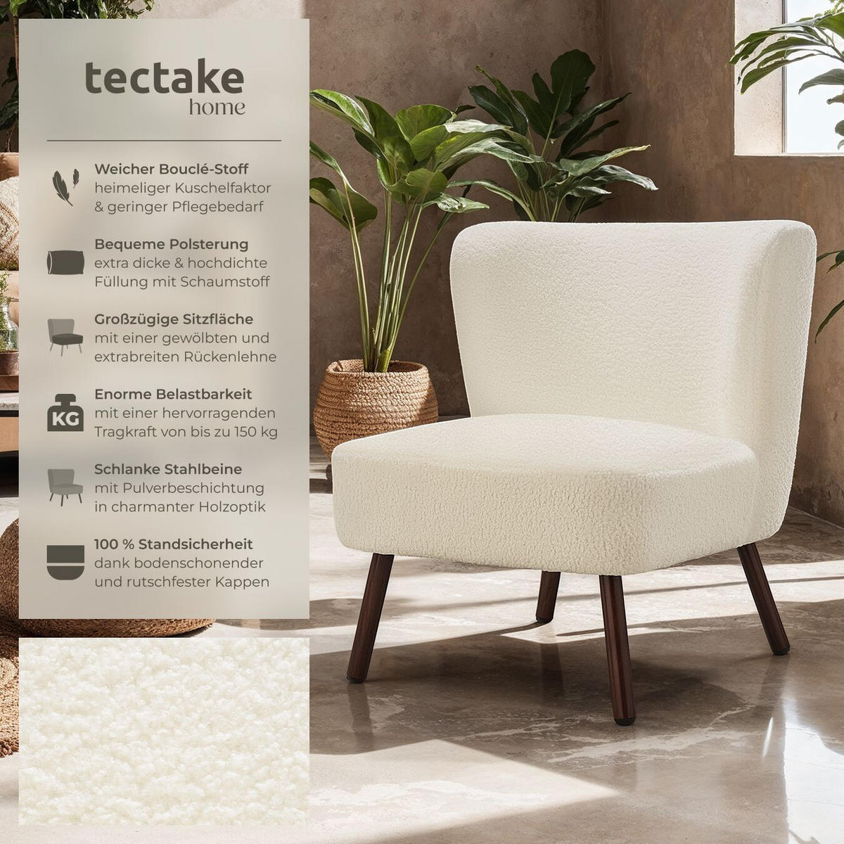 COCKTAILSESSEL Teddy Robina, 61 x 68 x 69 cm, Bouclé off-white - Weiß, Kunststoff (61/69/68cm) - tectake