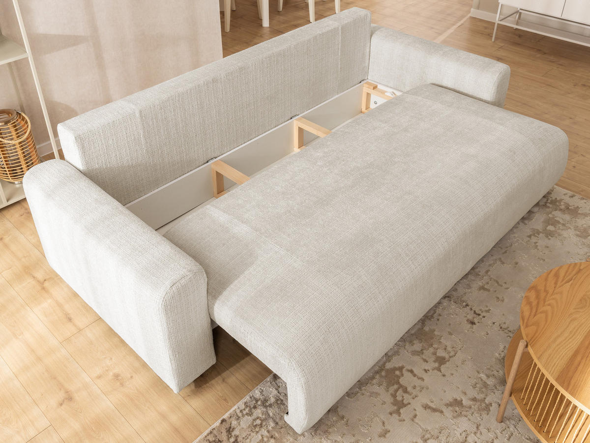 SCHLAFSOFA Calma mit Bettkasten im Bumpy-Design aus weichem Beige Chenille-Stoff - Beige/Schwarz, Holz/Kunststoff (239/88/98cm) - S-Style Möbel