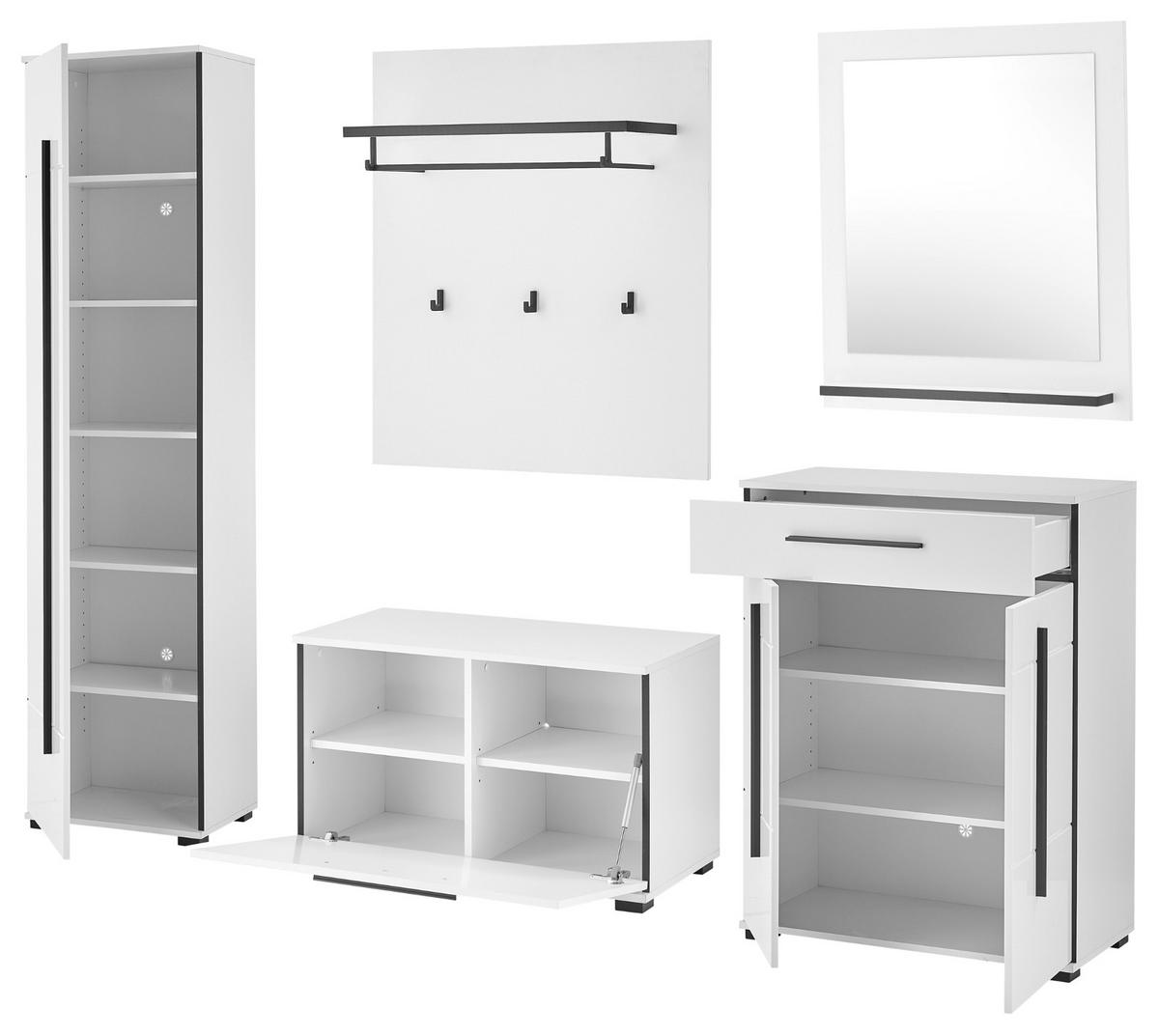 GARDEROBEN-SET weiß Hochglanz 6-teilig 230 cm, Flurgarderobe mit Soft-Close - Weiß Hochglanz/Dunkelgrau, Glas/Holzwerkstoff (230/200/40cm) - Furn.Design