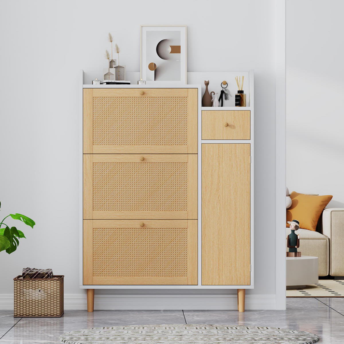 SCHUHSCHRANK 90/125/17 cm Natur/Weiß aus MDF mit 3 Klappen und Schublade - Weiß, Holzwerkstoff (90/125/17cm) - OKMYHOME