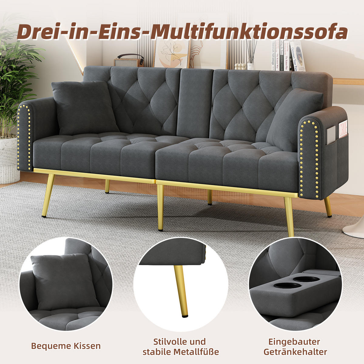 SCHLAFSOFA Samt mit verstellbarer Rückenlehne und Getränkehalter Grau 175/80/73,5 cm - Grau, Textil (73.5/175/80cm) - Redom