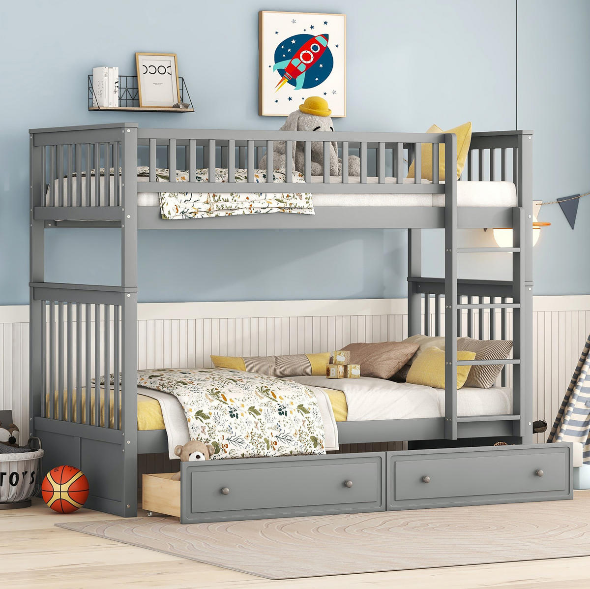 ETAGENBETT umbaubar mit 2 Schubladen 90x200 cm Kiefer Grau - Grau, Holzwerkstoff (90/200cm) - Beauniv
