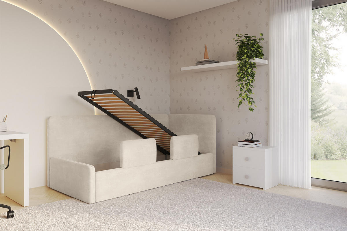 EINZELLBETT Jugendbett mit Bettkasten und Matratze H3/H4, Links - NORY 90x200 Beige - Beige, Holzwerkstoff/Textil (90/200cm) - ALTDECOR