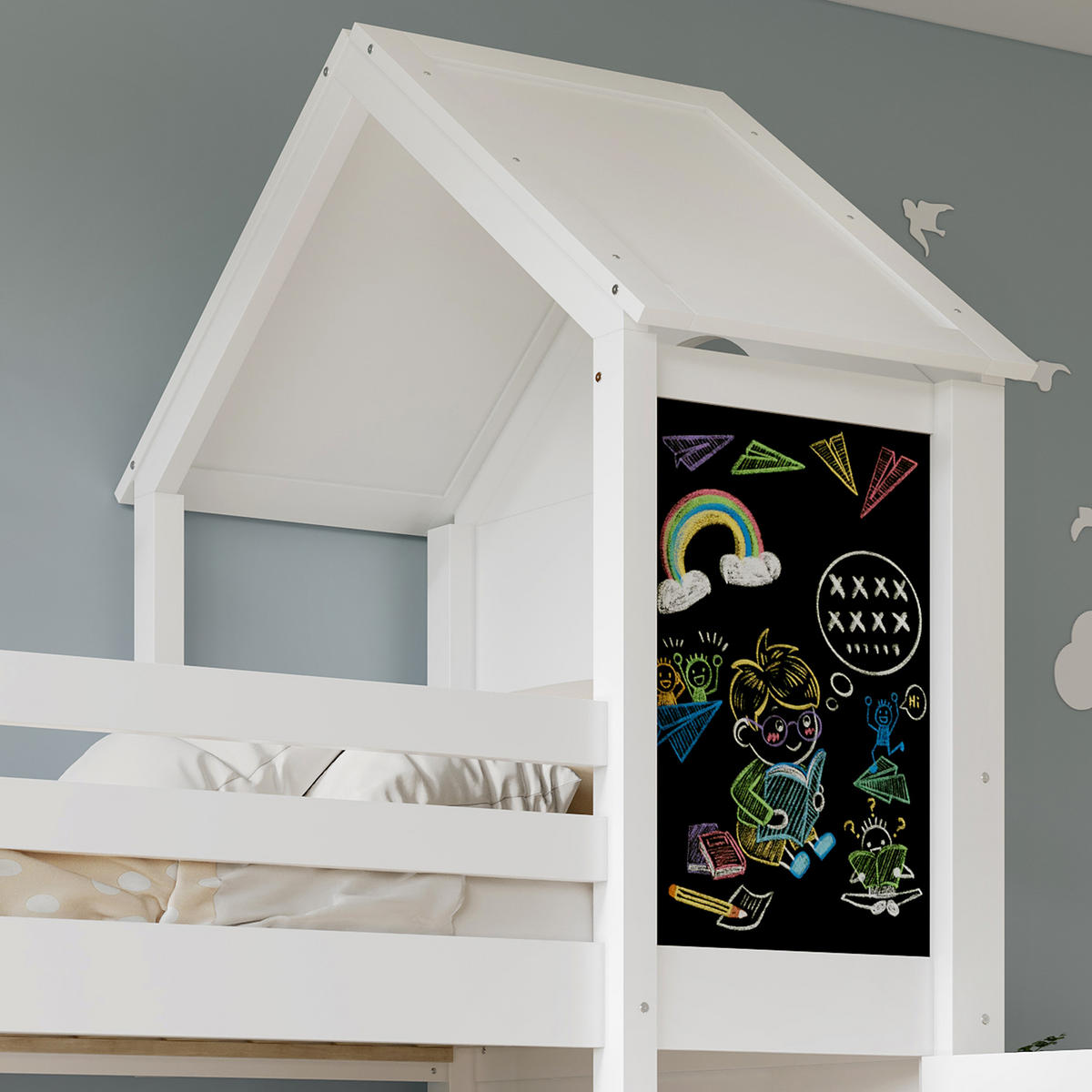 ETAGENBETT 90/200 cm Weiß mit Tafel und Dach für Kinder - Weiß, Holzwerkstoff (90/200cm) - OKWISH