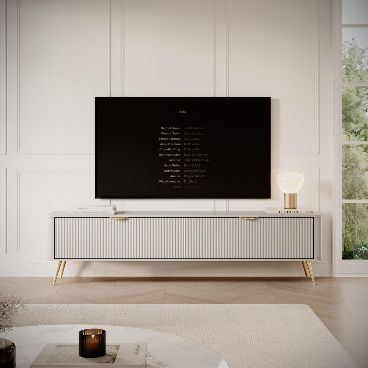 TV Lowboard 200 cm Brando auf Beinen, 2 Türen, Beige - Beige/Goldfarben, Holz/Metall (200/51/38cm) - Emporius