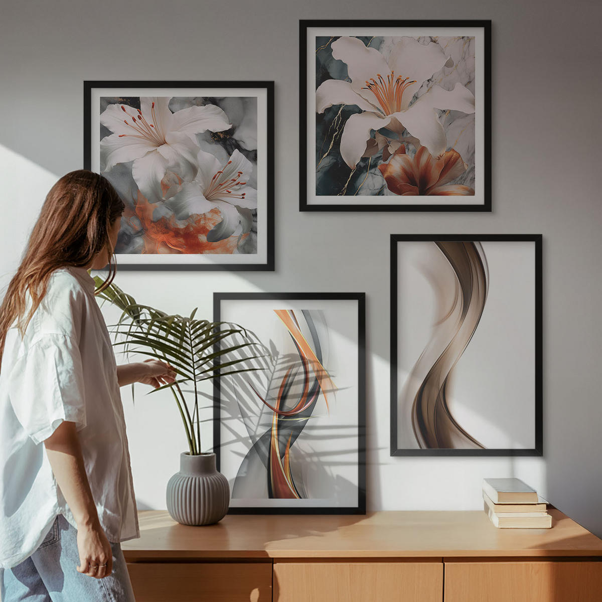BILDER SET 4er Set - 50x50 cm & 40x60 cm Schwarzer Rahmen - Gelbgrau-braune Wellen - Schwarz, Kunststoff (50/50cm) - TULUP