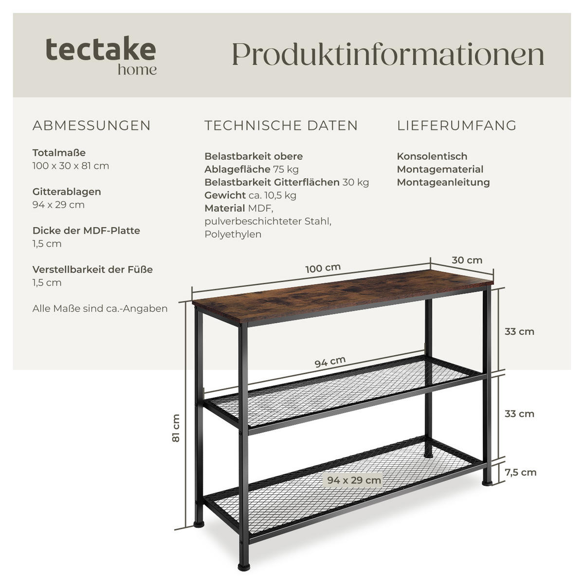 KONSOLENTISCH Bristol,100 x 30 x 81 cm,Industrial Holz dunkel, rustikal - Rostfarben, Holz (100/30/81cm) - tectake
