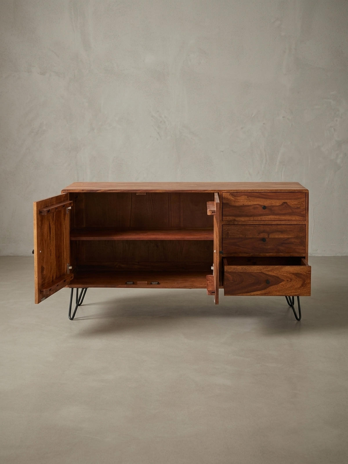 SIDEBOARD – Massivholz, 145x75x40 cm, 3 Schubladen, 2 Türen, Landhausstil, Haarnadelbeine - Schwarz/Braun, Holz/Metall (145/75/40cm) - KADIMA DESIGN