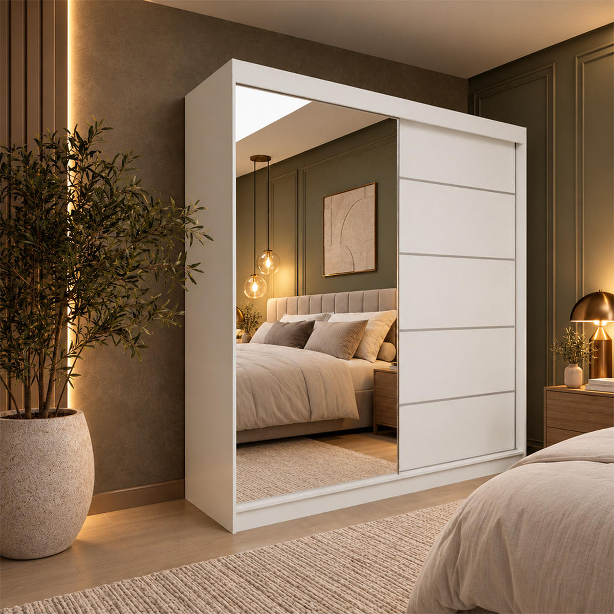 KLEIDERSCHRANK Malika 200 cm Weiß Spiegel 2 Schubladen Griffe silber - Weiß, Holzwerkstoff (200/216/61cm) - KS Home Concept