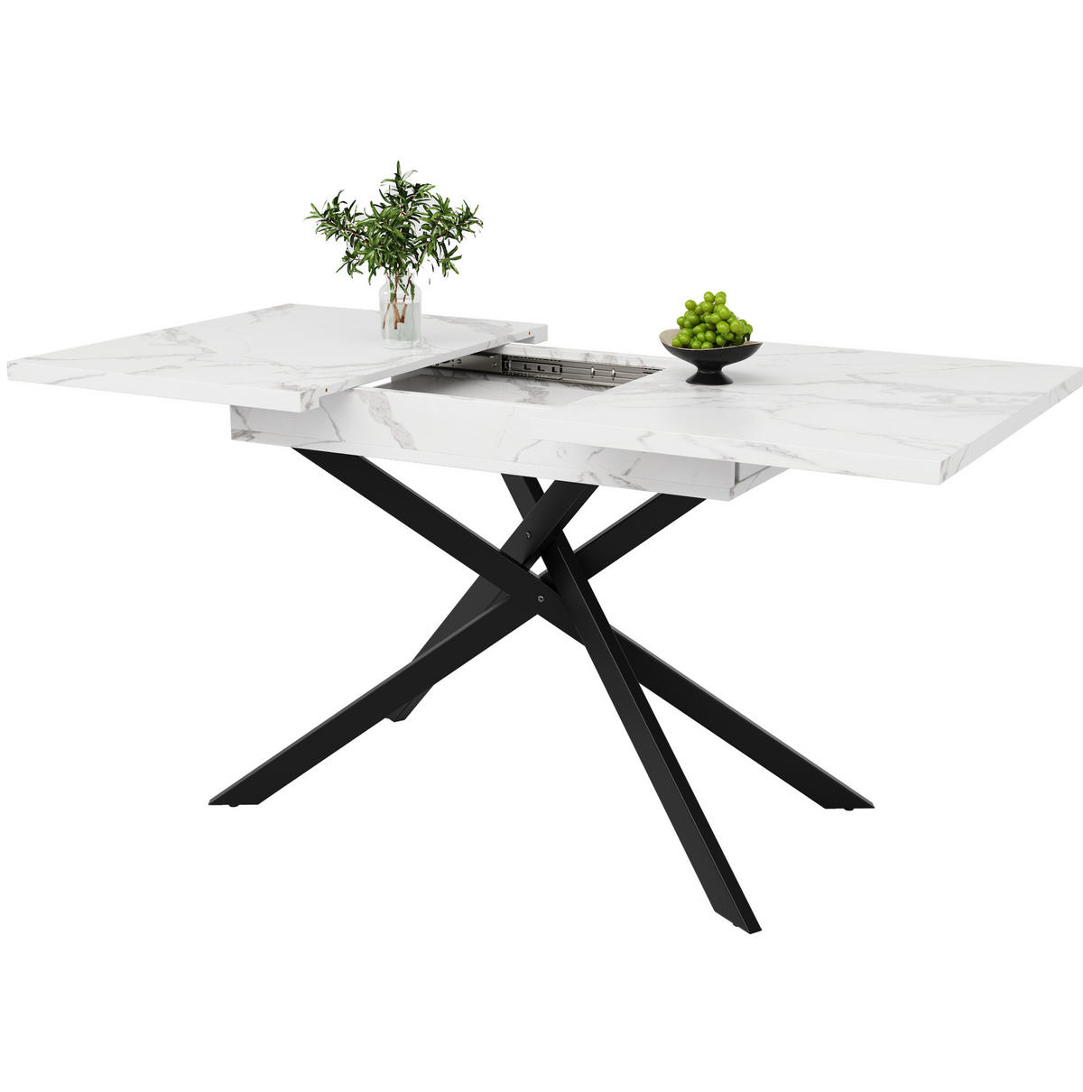 ESSTISCH 120-160x80x77 cm in Weiß und Schwarz aus MDF mit Marmoroptik auf Metall-Kreuzbeinen ausziehbar - Weiß, Holzwerkstoff (160/80/76.5cm) - Modfu