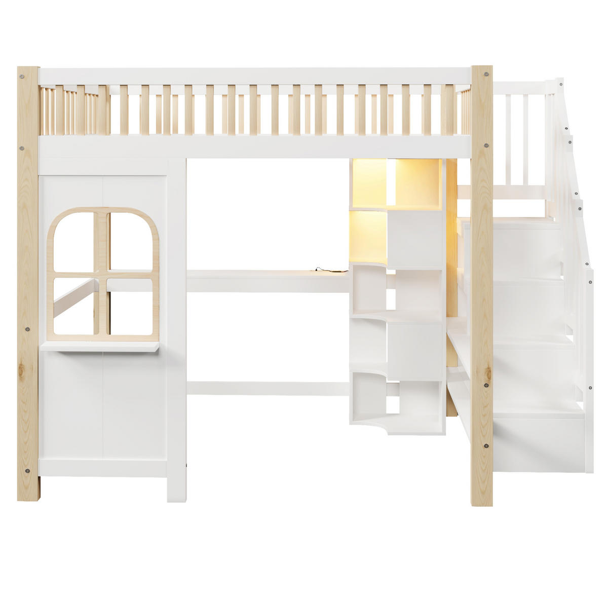 HOCHBETT 140/200 cm mit LED-Leuchten Fensterform Ablageleiter und Schreibtisch Weiß+Natur - Weiß, Holz (140/200cm) - OKWISH