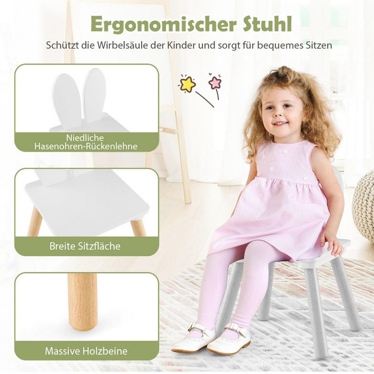 KINDERTISCH mit 2 Stühlen weiß(3-tlg) - Weiß, Holzwerkstoff (62/43/62cm) - COSTWAY