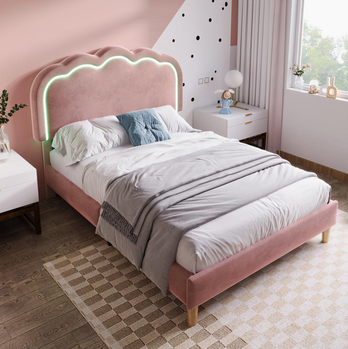 POLSTERBETT 90/200 cm mit LED-Beleuchtung, verstellbarem Kopfteil und Samtbezug, Rosa - Rosa, Textil (90/90cm) - Redom