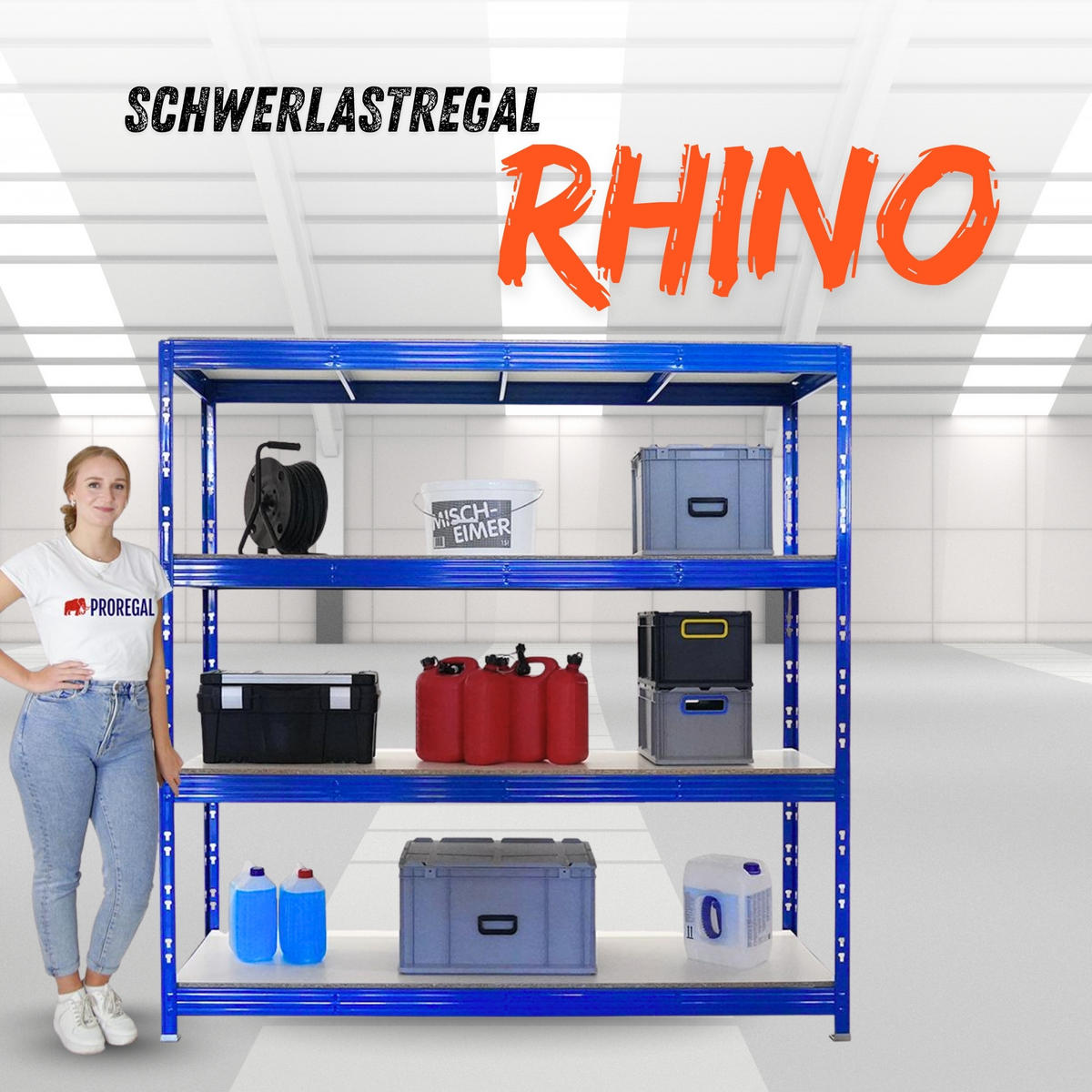 SCHWERLASTREGAL Rhino 200x200x60 cm 4 Melamin-Ebenen 16mm Fachlast 500 kg Blau - Blau, Metall (200/200/60cm) - PROREGAL