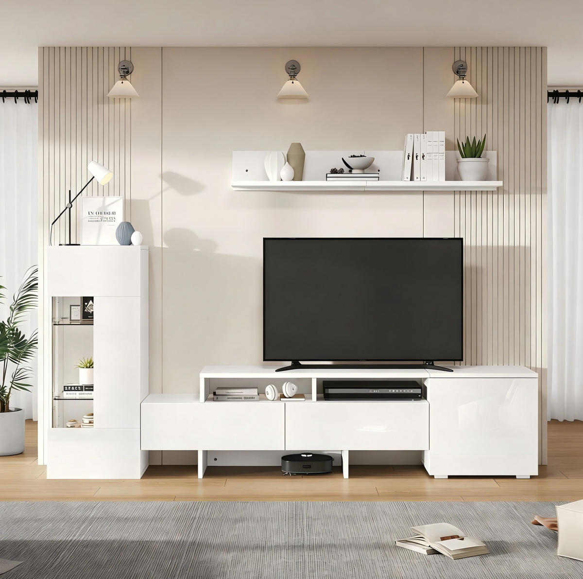 WOHNWAND aus Spanplatte 3-teilig 170x35x45/40x31,5x100/120x12x18 cm Weiß mit LED, Hochglanz und Soft-Close - Weiß, Holzwerkstoff (170/45/35cm) - Modfu