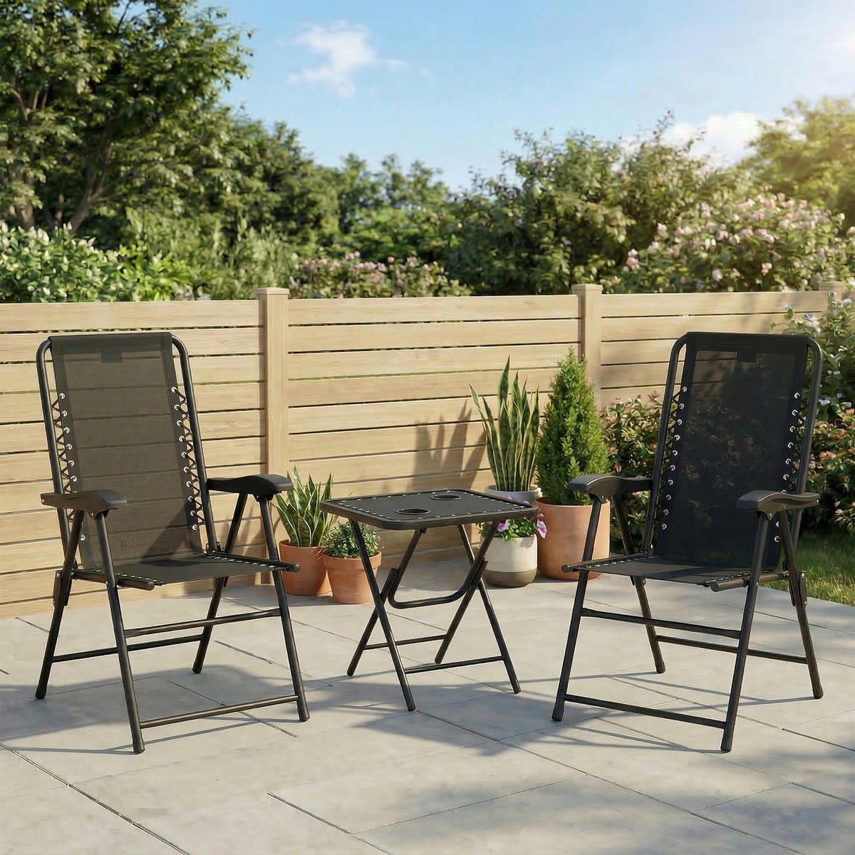 BISTRO-SET DE-07317 3-teilig, klappbar mit Becherhaltern Schwarz - Schwarz, Metall - ComfortXL