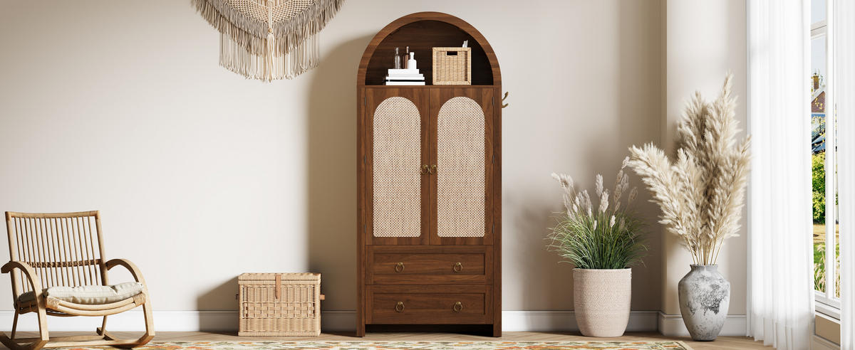 SIDEBOARD Korbgeflecht Bogenstil 2 Schubladen Vintage Stauraum - Walnussfarben, Holzwerkstoff (40/180/80cm) - FLIEKS