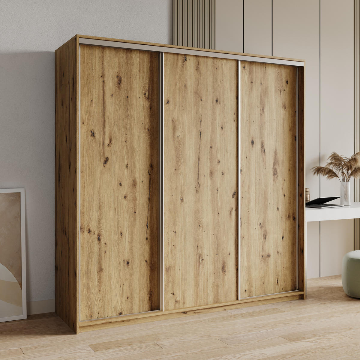 SCHWEBETÜRENSCHRANK NISSE 200/205/60 cm 3-türig Eiche Artisan - Eiche Artisan, Holzwerkstoff (200/205/60cm) - MASSENO