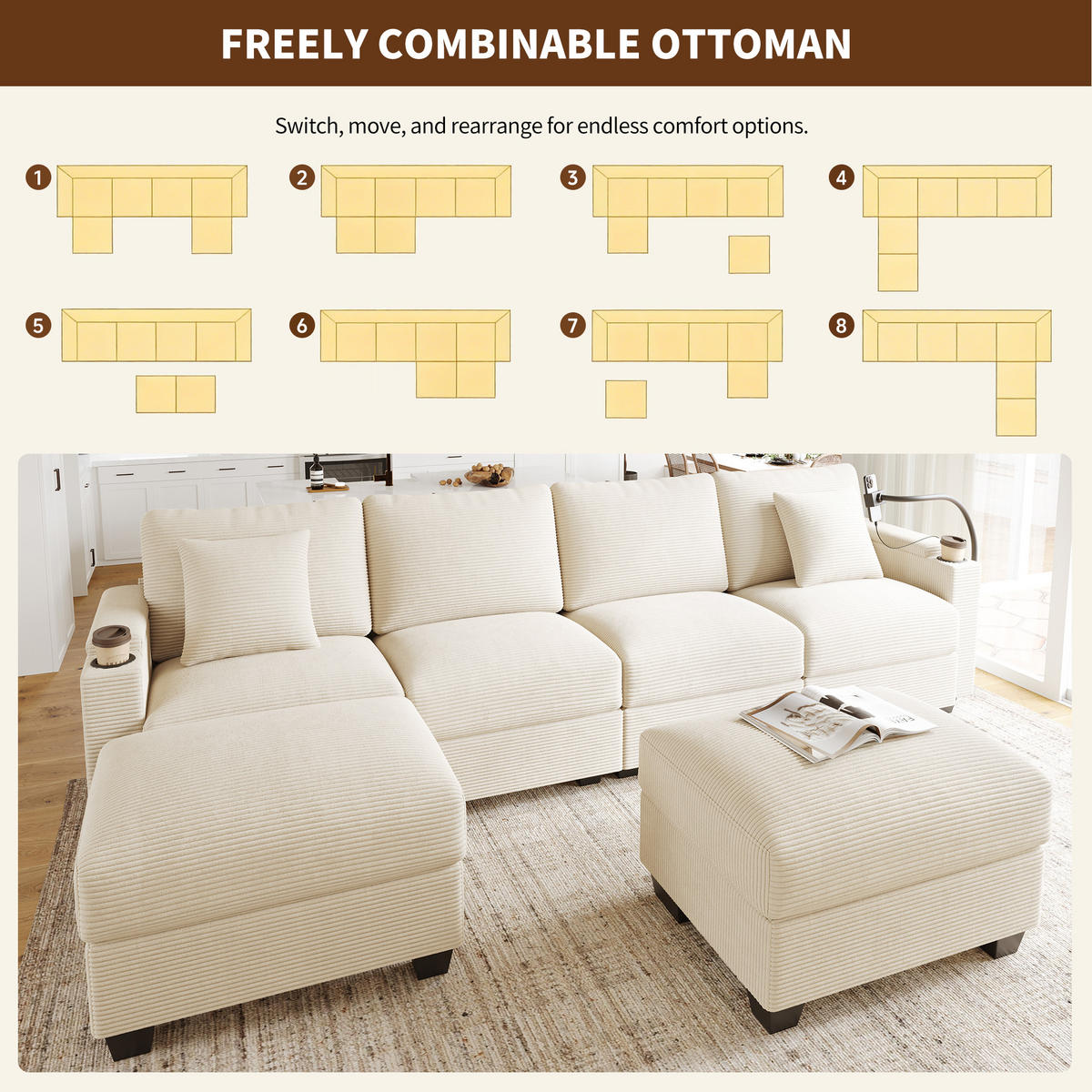 WOHNLANDSCHAFT Beige 275,5/139/87 cm 6-Sitzer Modular mit Cordstoff und Schlaffunktion - Beige, Textil (275.5/87/139cm) - PANGIVO