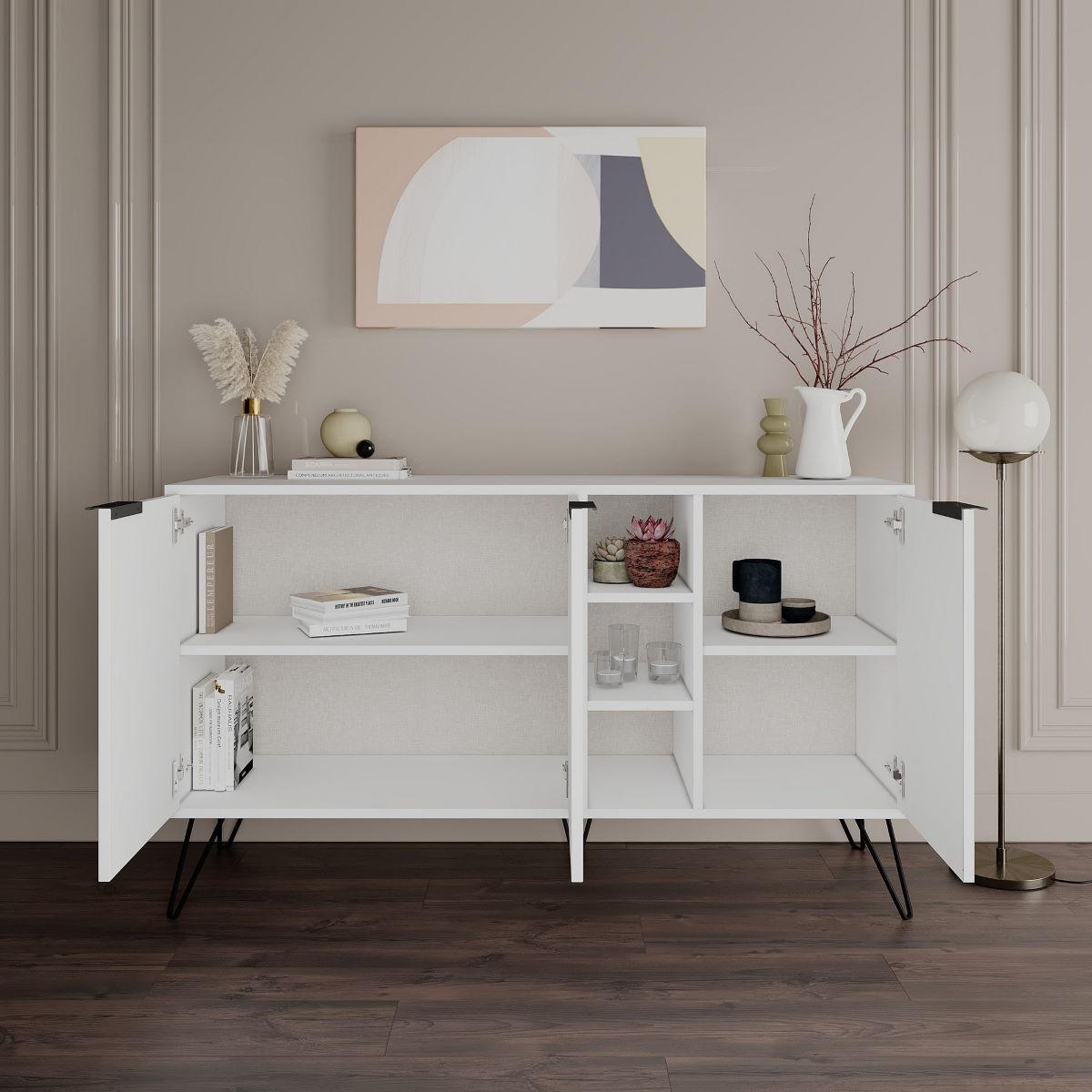 BUFFET 3 Nischen und 3 Türen L142 cm - Clara - Weiß, Holzwerkstoff (35.6/83/15cm) - Calicosy