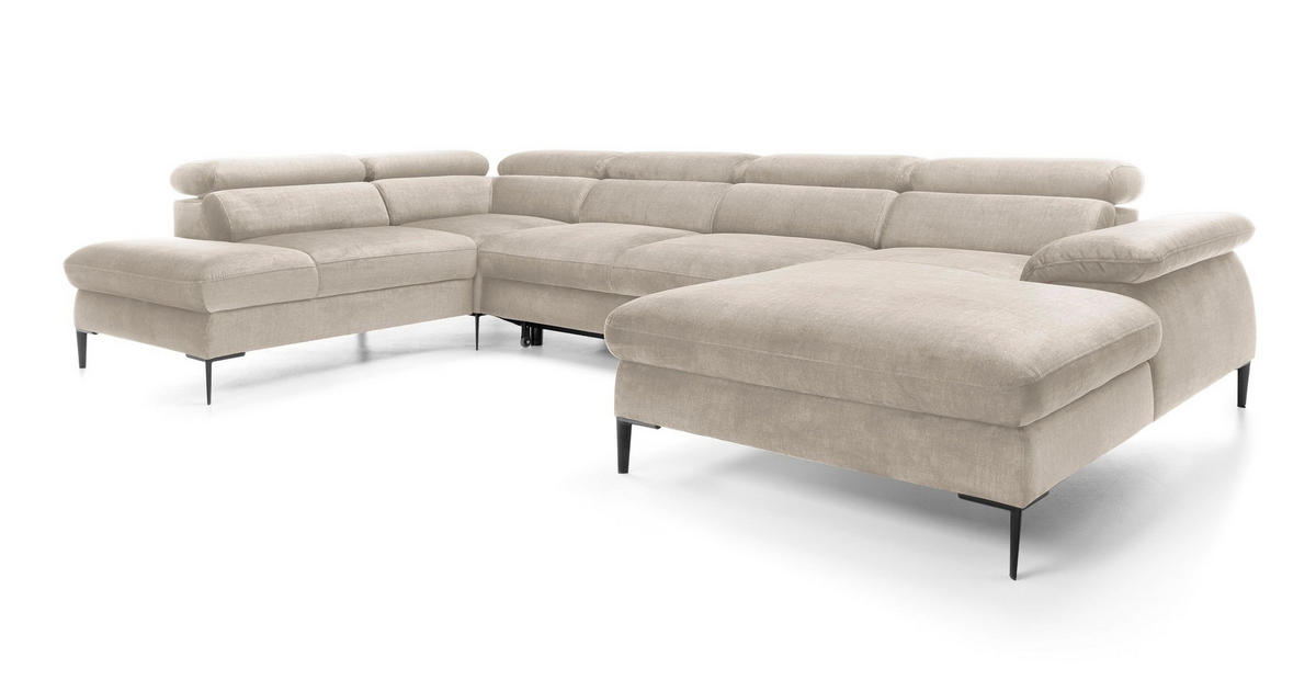 WOHNLANDSCHAFT MESTO Creme Velours-Stoff mit Schlaffunktion - Creme, Holz (353/94/182cm) - MASSENO