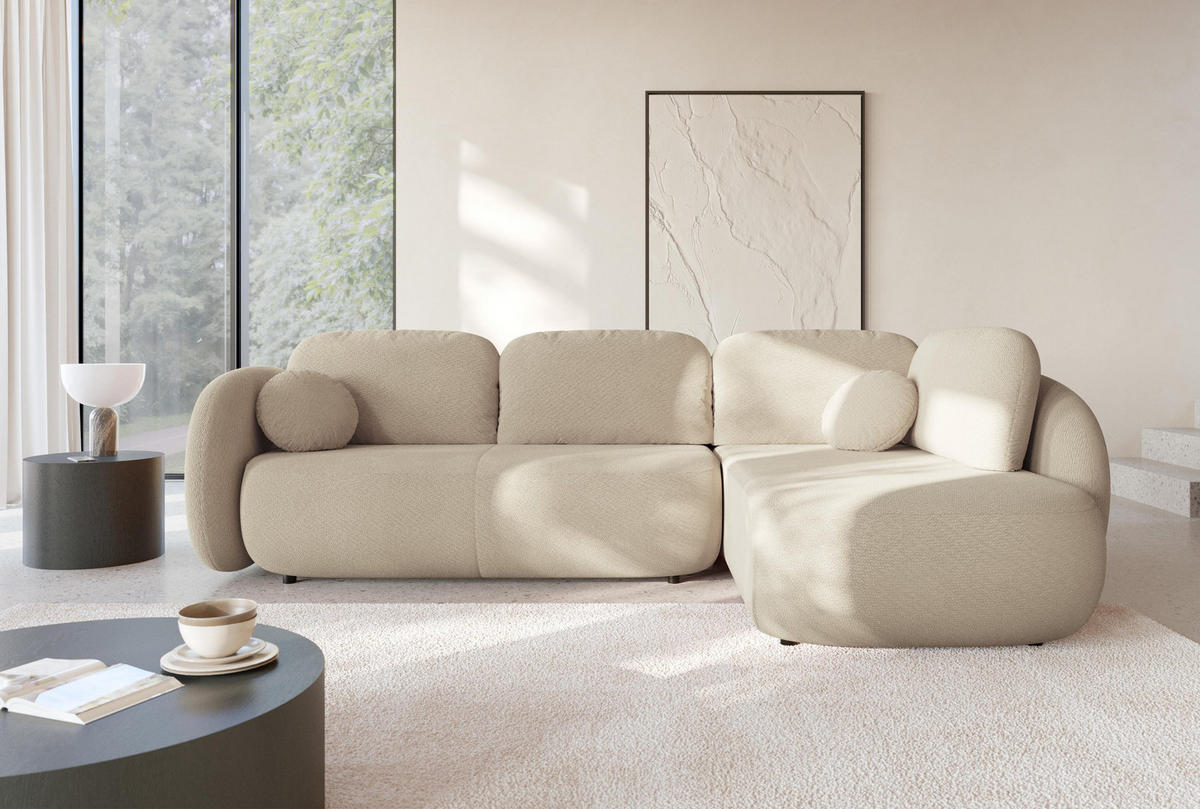 ECKSOFA AMICO II R-S Beige Geflochtener Stoff mit Schlaffunktion - Beige, Holz (289/190cm) - MASSENO