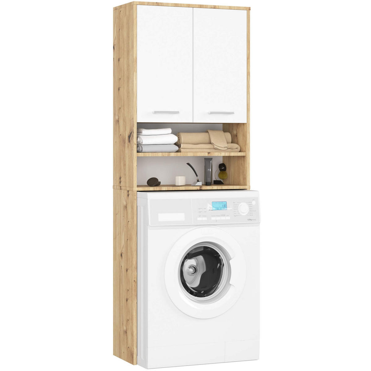 WASCHMASCHINENUMBAUSCHRANK mit zwei Türen, 64 × 30 × 190 cm Aristan Eiche, Weiß 64\180\30 cm - Weiß/Eiche Artisan, Holzwerkstoff (64/180/30cm) - RAUMHIRSCH FURNITURE