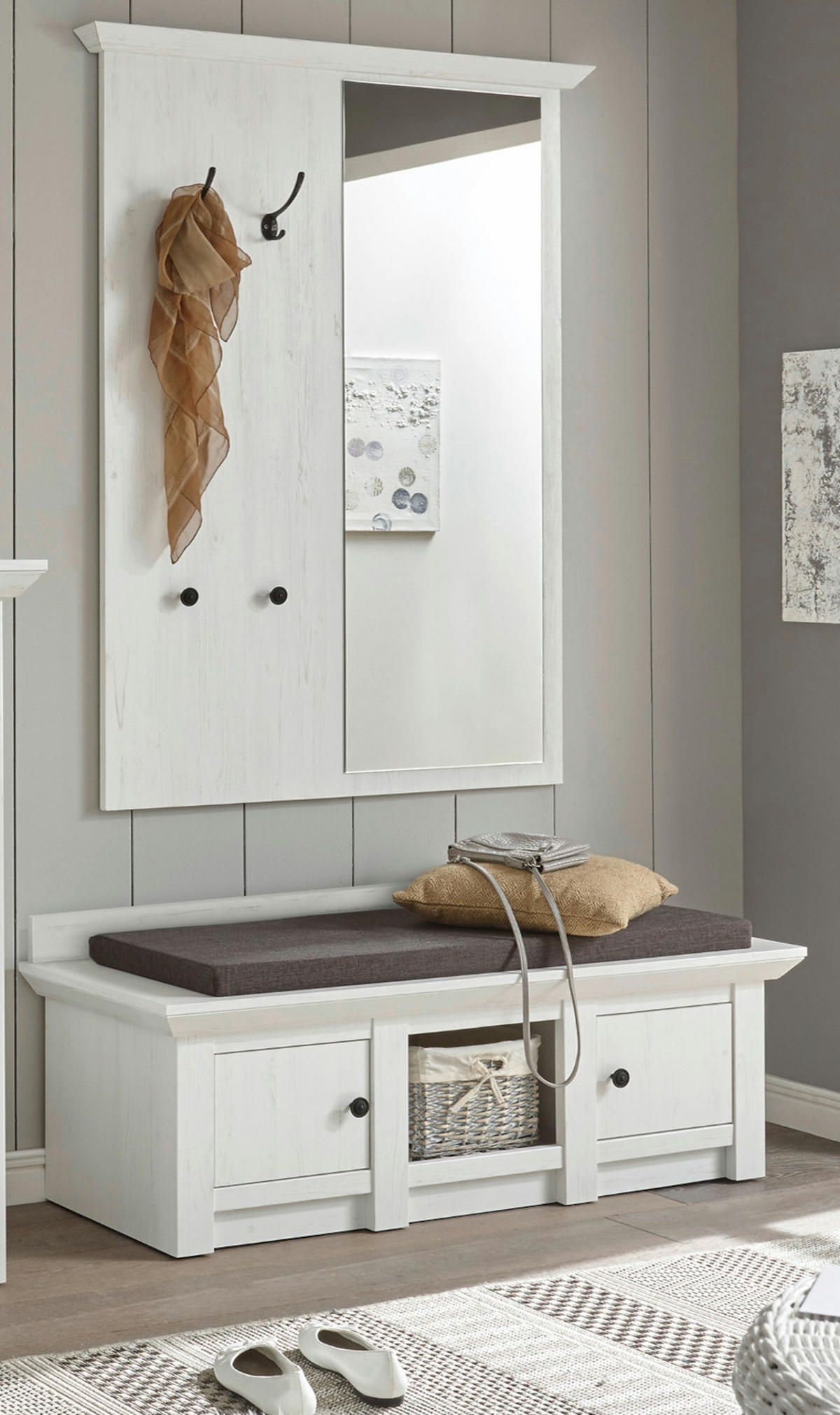 GARDEROBENPANEEL Pinie weiß 105 cm, Wandgarderobe mit Spiegel - Weiß, Holzwerkstoff/Metall (105/140/6cm) - Furn.Design