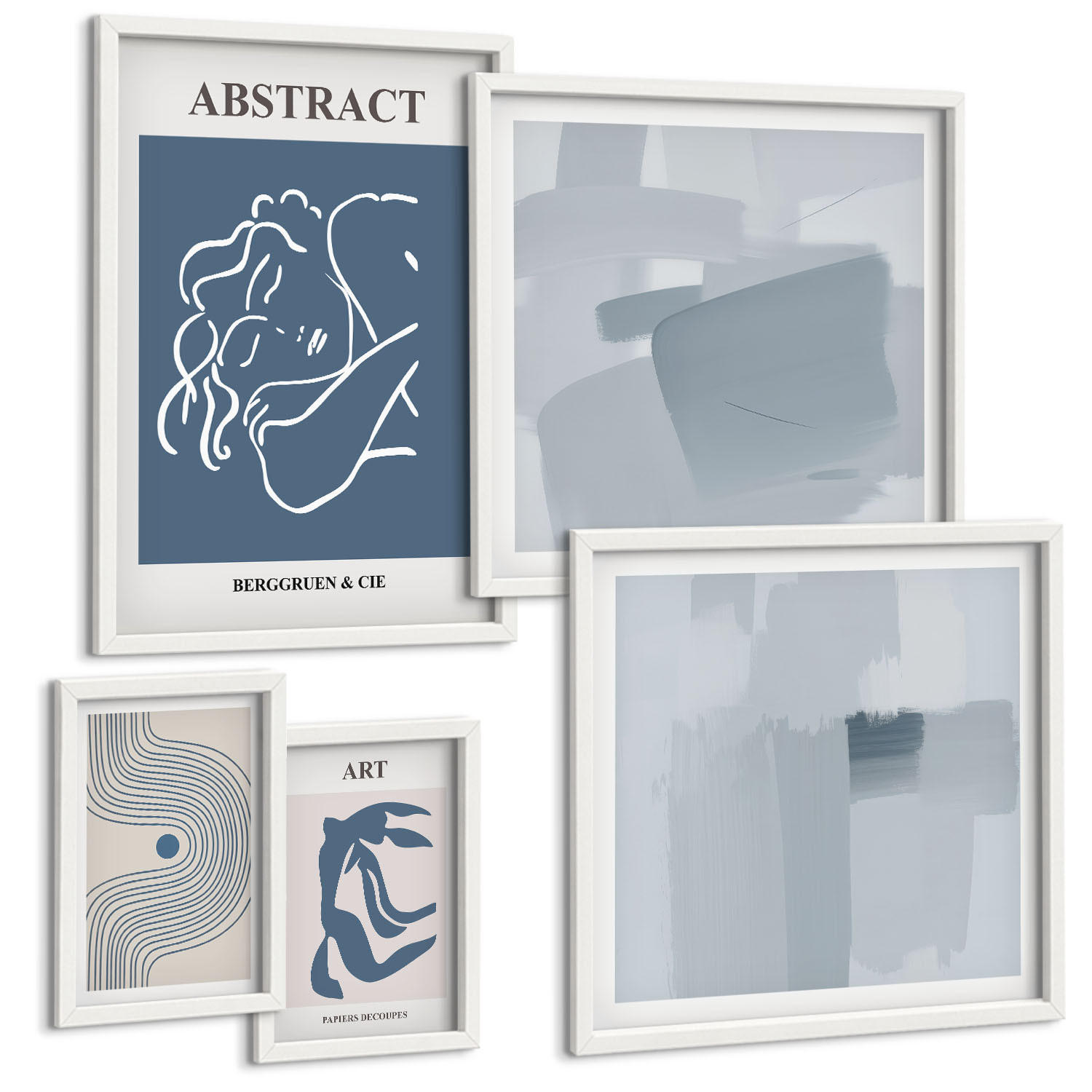 BILDER SET 5er Set - 50x50 cm & 20x30 cm & 40x60 cm Weißer Rahmen - Poster mit abstrakten Linien und Wellen - Weiß, Kunststoff (40/60cm) - TULUP