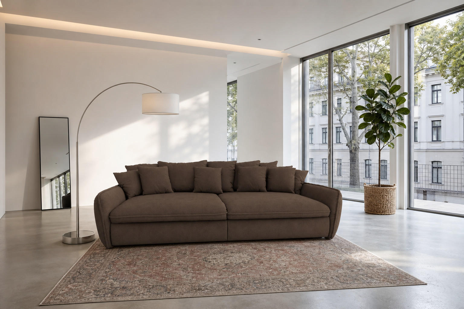 BIGSOFA Hereford XXL Flachgewebe Braun inkl. 12 Kissen 274/131/61 cm - Dunkelbraun, Kunststoff/Textil (274/61/131cm) - foamnova