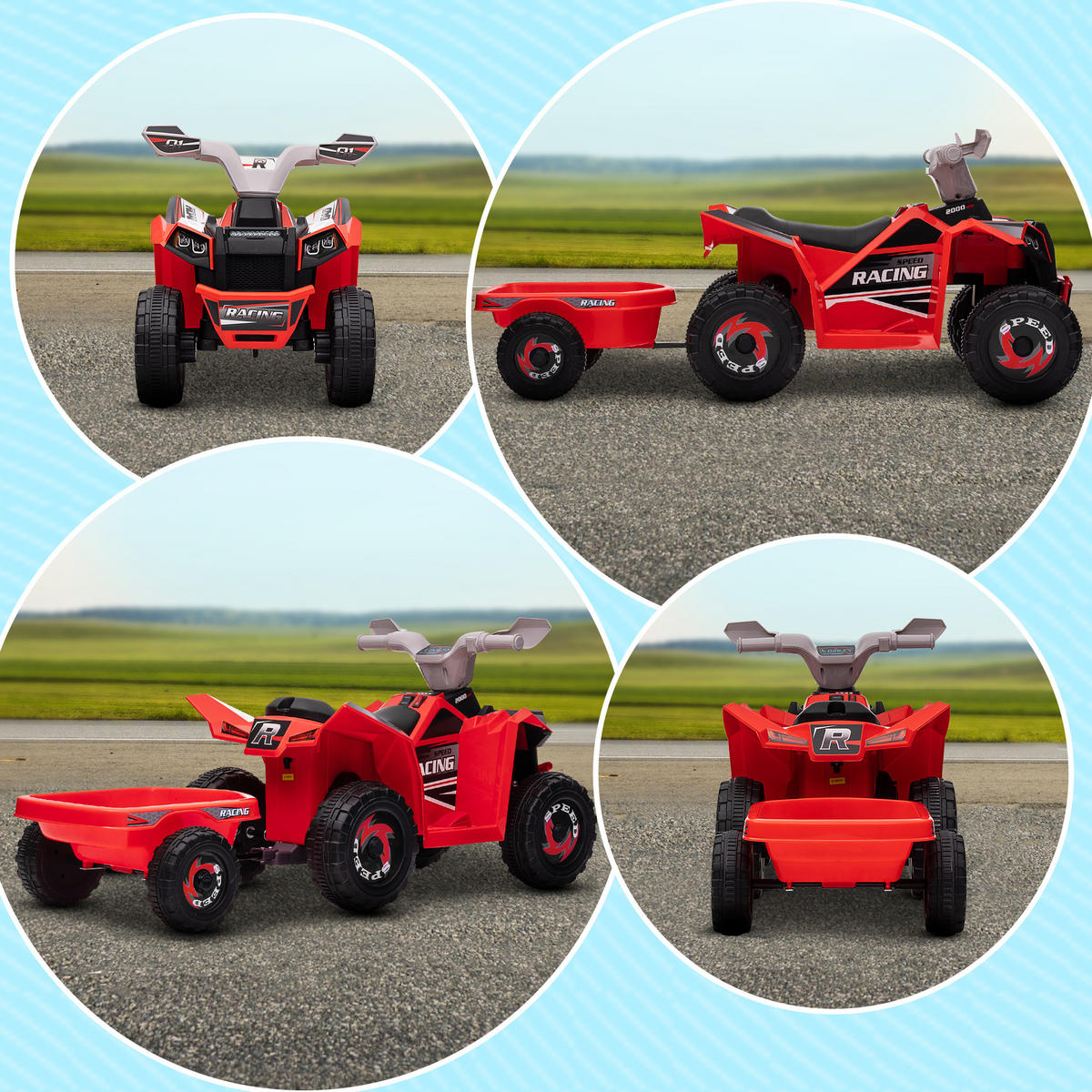 KINDERQUAD Kinder Elektro-Quad 6V Elektroauto mit Anhänger, 2,5 km/h Metall Rot - Rot, Metall (106/41.5/48.5cm) - HOMCOM