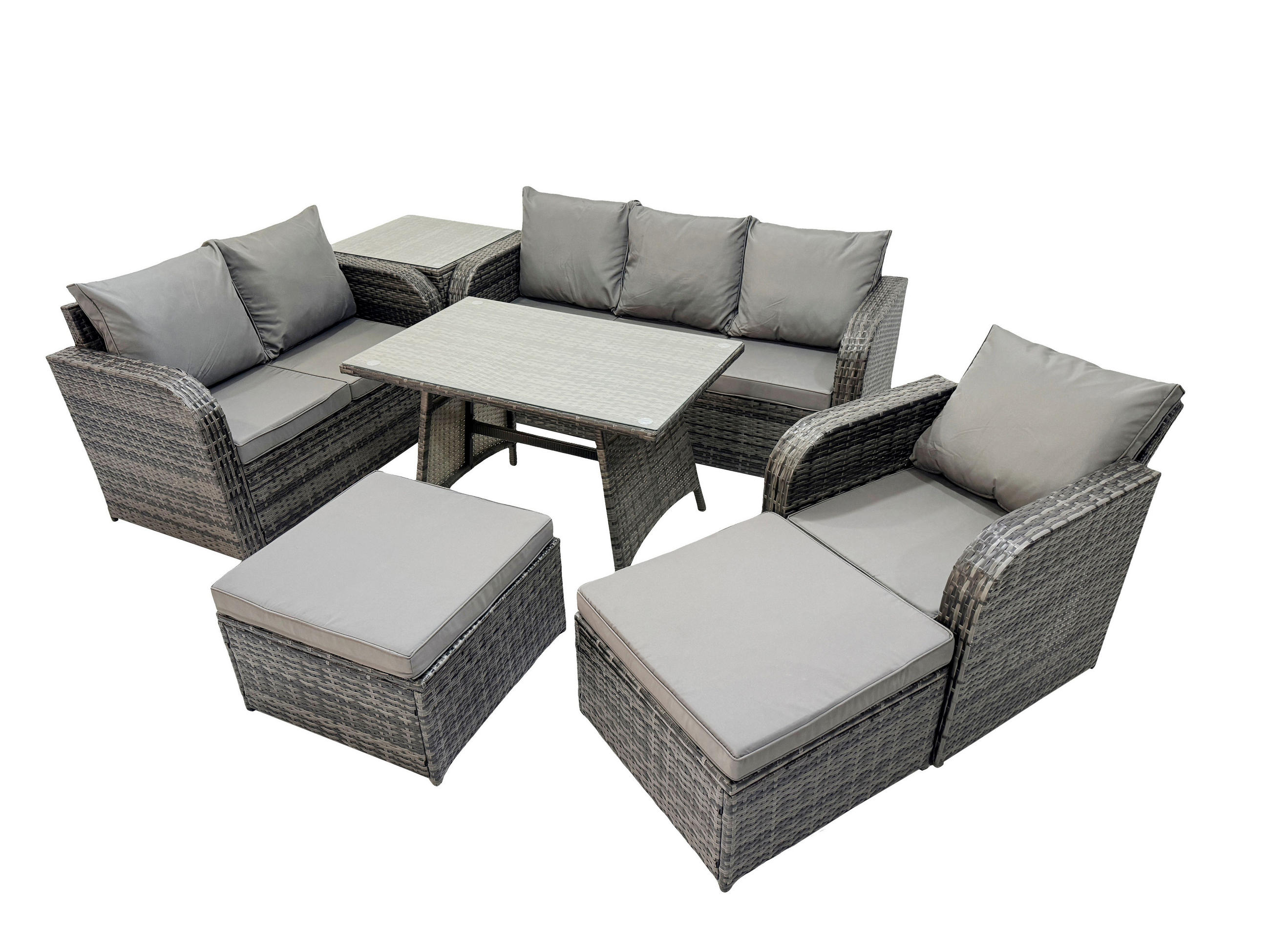 GARTENMÖBEL SET Polyrattan Dunkelgrau 8-Sitzer - Dunkelgrau/Grau, Glas/Kunststoff - Fimous