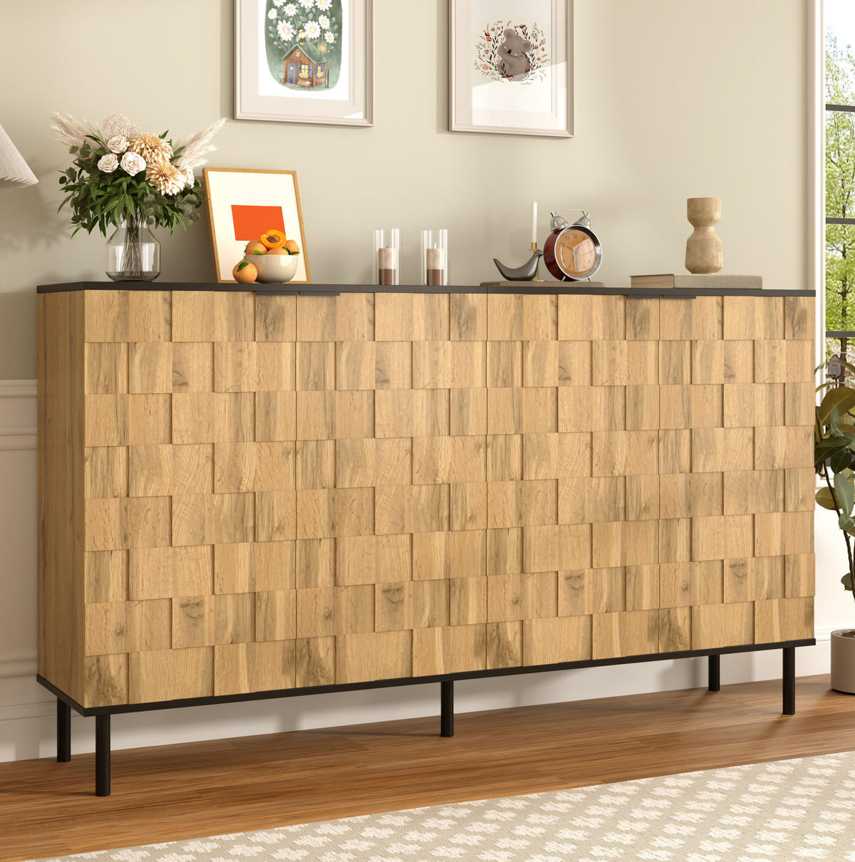 SIDEBOARD 160/35/80,5 cm in Natur mit 2 Türen und Mosaik-Front - Naturfarben, Holzwerkstoff (160/80/35cm) - Flora Grace