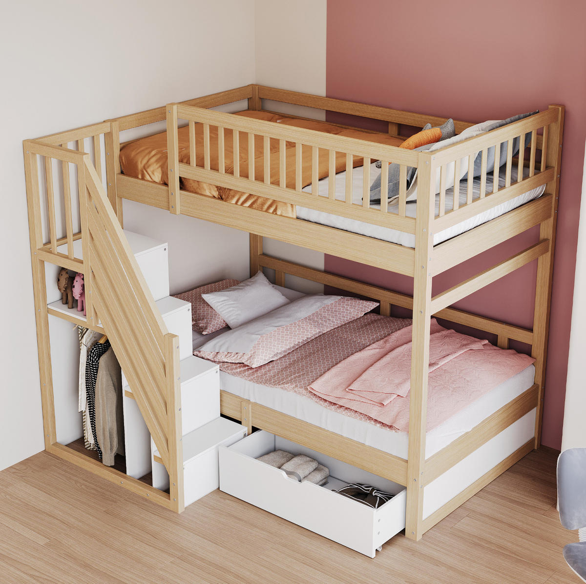 KINDERBETT aus Massivholz 90x200 cm mit Stauraumtreppe & Schublade - Naturfarben, Holz (90/200cm) - Modfu