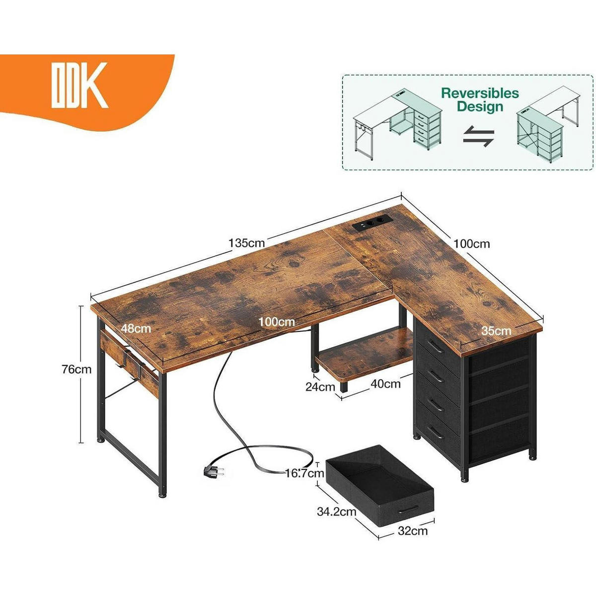 ECKSCHREIBTISCH mit Steckdose und USB-Anschluss 135 x 100 cm Vintage-braun - Braun, Holzwerkstoff (100/135/75.7cm)